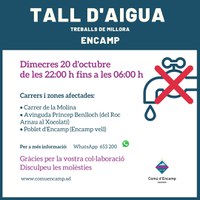 Avís per tall d’aigua, avui a la nit, al carrer de la Molina, a l’avinguda Príncep Benlloch i al Poblet d’Encamp