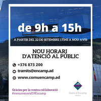 El comú d’Encamp obrirà les oficines d’atenció al públic de 9 h a 15 h fins a nou avís per la situació sanitària 